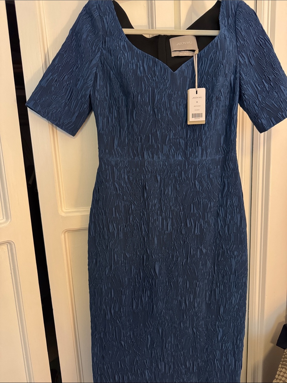 Jason Wu Textured Navy-Blue Midi Sheath Dress